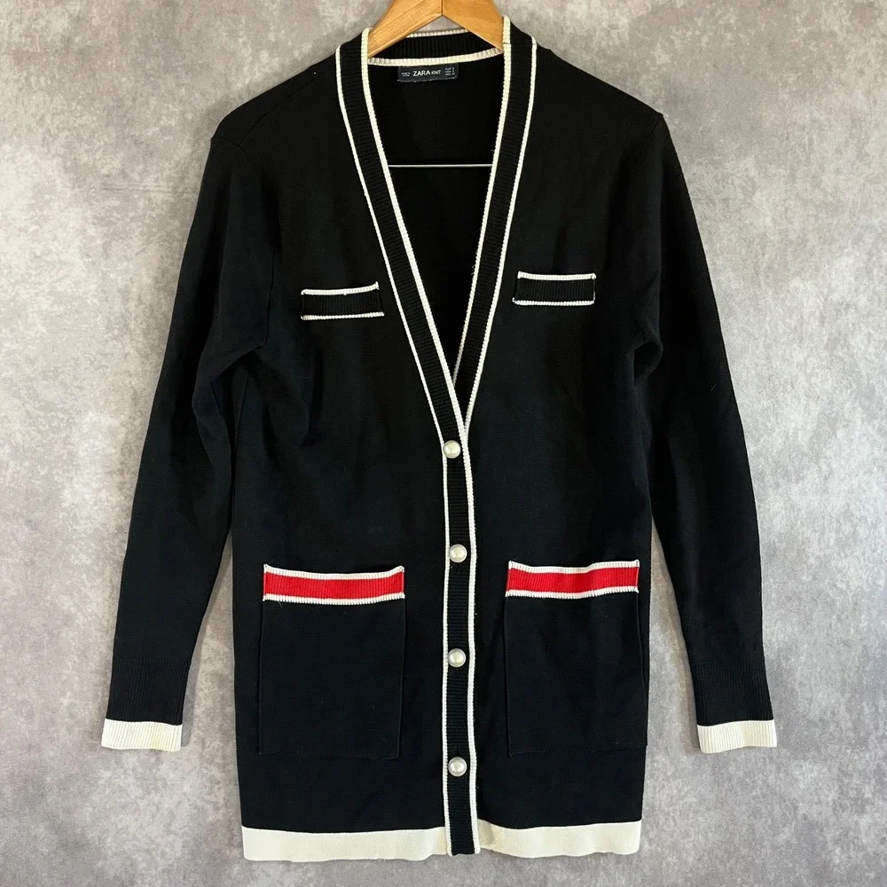 Zara Knit Cardigan Womens S Black Longline Pearl Button Contrast Trim *See Desc* - Picture 1 of 10